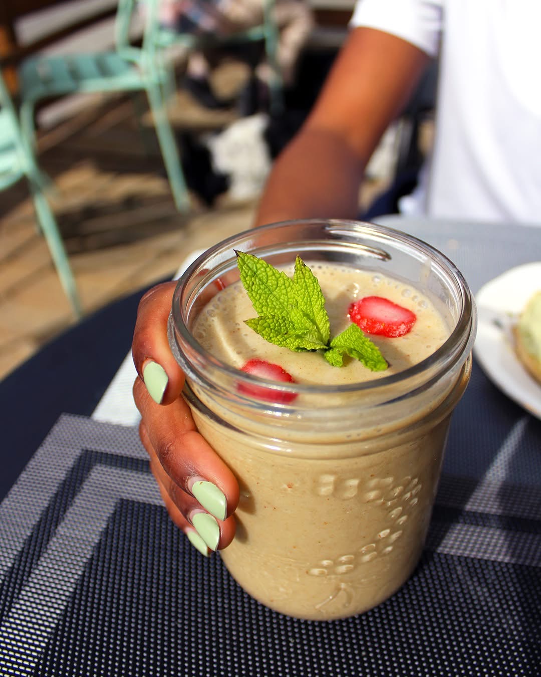 Strawberry smoothie on the patio