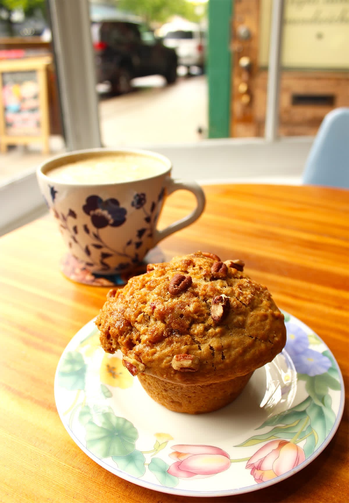 Muffin and latte at The Dominion Café