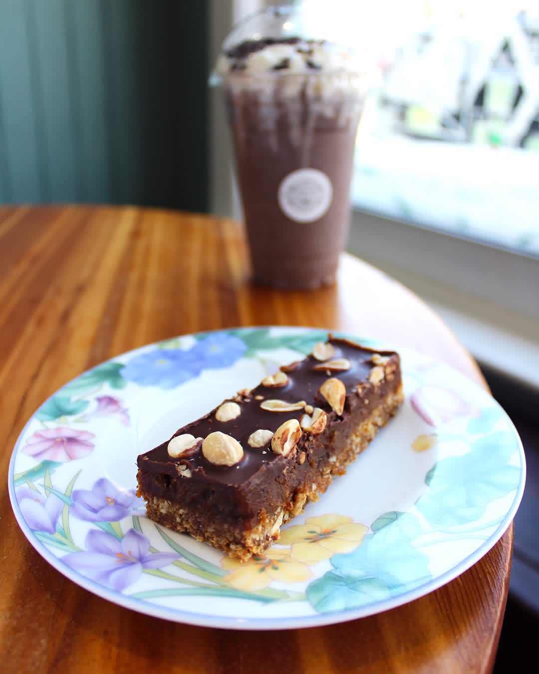 Chocolate peanut bar with iced drink