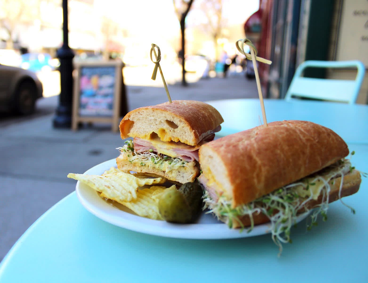 Ham and Brie sandwich on Baker Street patio